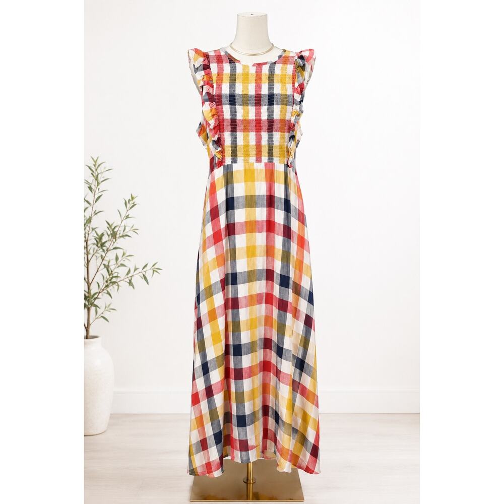 Plaid Smocked Colorful Gingham Maxi Dress Ruffle Sleeves Large Cottagecore